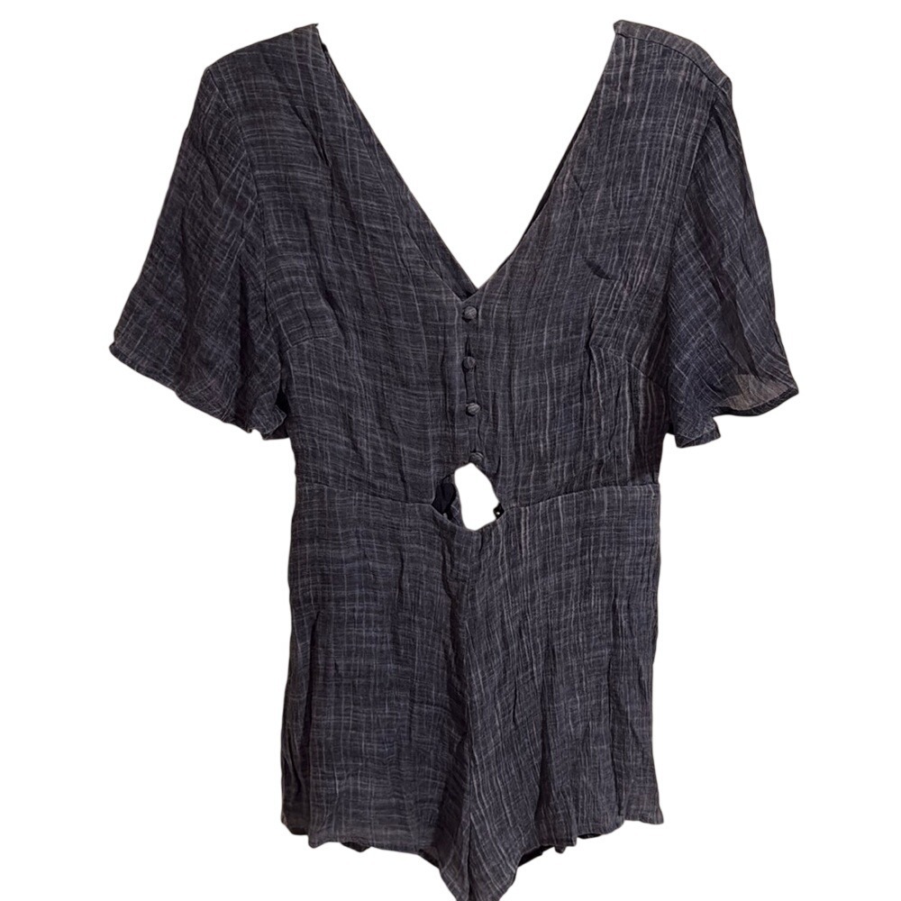 Jenn & Jo Womens Charcoal Grey Blue Textured Cutout Back Twist Romper Large